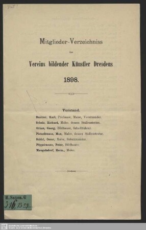 1898: Mitglieder-Verzeichniss des Vereins Bildender Künstler Dresdens