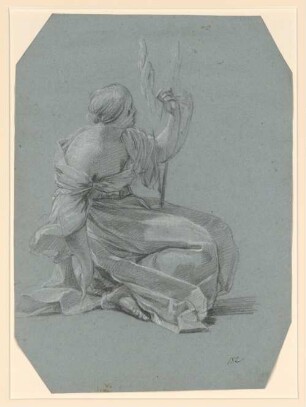Vouet, Simon: Zeichnungen II, Blatt 182: Sitzende Spinnerin; für eine Darstellung aus der "Geschichte von Theagenes und Charikleia" - BSB Cod.icon. 397 b(182