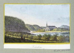 Ansicht von Tetschen, Lithografie, um 1840 : Tetschen. [S.l.], [um 1840]. - 1 Kunstbl. : kol. Lithogr. ; 8,1 x 5,5 cm.