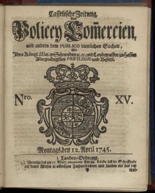 Nro. XV, Montags, den 12. April 1745
