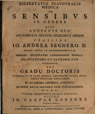 Diss. inaug. med. de sensibus in genere