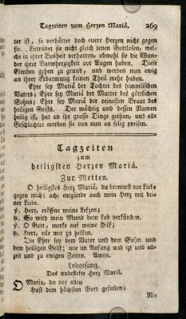 269-279, Tagzeiten zum heiligsten Herzen Mariae. - Litaney zum heiligsten Herzen Mariae.