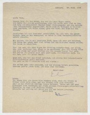 Brief von Raoul Hausmann und Hedwig Hausmann an Vera Hausmann. Limoges. Zusatz Hedwig Hausmann