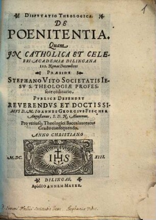 Dispvtatio Theologica, De Poenitentia
