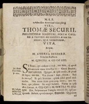 Admodum Reverendi Clarissimiq[ue] Viri, Thomae Securii, Philosophiae Magistri [...]