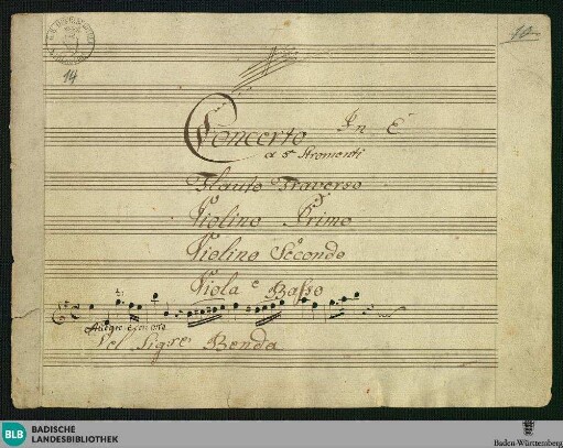 Concertos - Mus. Hs. 14 : fl, vl (2), a-vla, b; e; GroF 692 LeeB 2.4