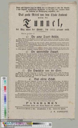 Das große Modell von dem Theile Londons worin der Tunnel, der Weg unter der Themse, seit 1825 gebauet wird.
