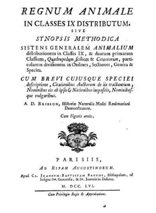 Regnum animale in classes IX distributum