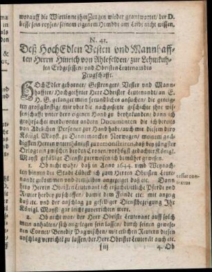 N. 41. Deß HochEdlen Besten und Mannhafften Herrn Hinrich von Ahlefelden/ zur Lehmkuhlen Erbgesessen/ und Obristen Leutenandts Zeugschafft.