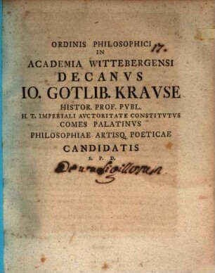 Ordinis philosophici in Academia Wittebergensi Decanus Io. Gottlib. Krause ... candidatis S. P. D. : [Programma de usu sigillorum]