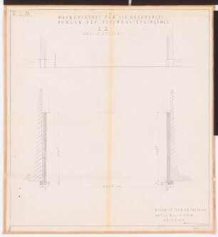 Reichsluftfahrtministerium, Berlin: Paternoster, Marmorsockel für die Holzbekleidungen der Eingänge: Ansicht, Grundriss