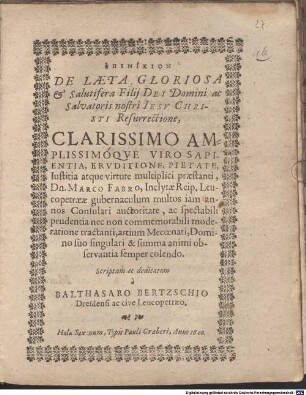 Epinikion de laeta, gloriosa et salutifera filii Dei domini ac salvatoris nostri Iesu Christi resurrectione : ... Marco Fabro ... scriptum ac dedicatum