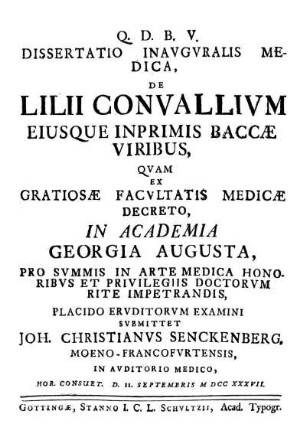 Dissertatio Inauguralis Medica, De Lilii Convallium Eiusque Inprimis Baccae Viribus