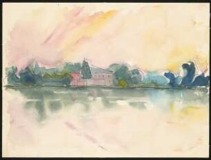 Skizze: Haus am See und Bäume im Hintergrund