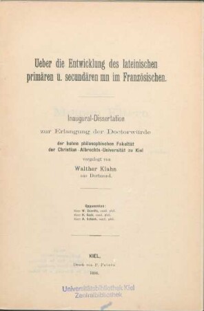 Ueber die Entwicklung des lateinischen primären u. secundären mn im Französischen