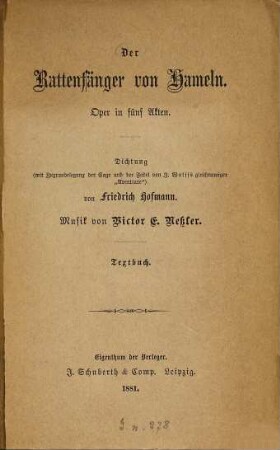 Der Rattenfänger von Hameln : Oper in fünf Akten