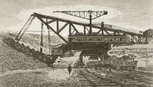 Bagger im Braunkohlentagebau : Bagger im Braunkohletagebau, Farbholzschnitt,