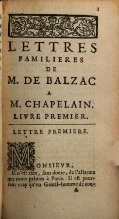 Lettres Familieres De M. De Balzac A M. Chapelain