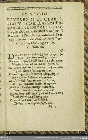 In Novam Reverendi et Clarissimi Viri Dn. Amandi Polani a Polansdorf, S.S. Theologiae Doctoris, in Illustri Basiliensi Academia Professoris ordinarii, Praeceptoris mei perpetuo colendi, Partitionum Theologicarum editionem