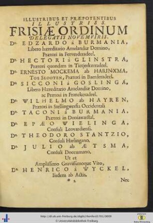 Illustribus Et Praepotentibus Illustriss. Frisiae Ordinum Delegatis Novemviris … S.P.D. Jacobus Rhenferd.