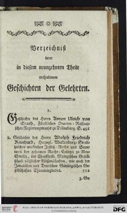 Verzeichniß derer in diesem neunzehnten Theile enthaltenen Geschichten der Gelehrten