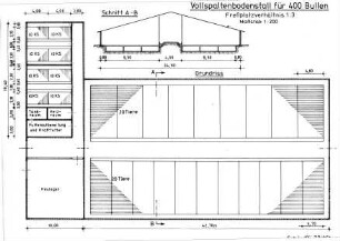 Vollspaltenbodenstall für 400 Bullen (Freßplatzverhältnis 1:3, Maßstab 1:200