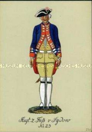 Uniformdarstellung, Gemeiner des Infanterie-Regiments (von Sydow) No. 23, Preußen, 1740.