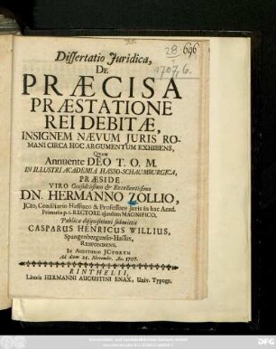 Dissertatio Juridica, De Præcisa Præstatione Rei Debitæ : Insignem Nævum Juris Romani Circa Hoc Argumentum Exhibens