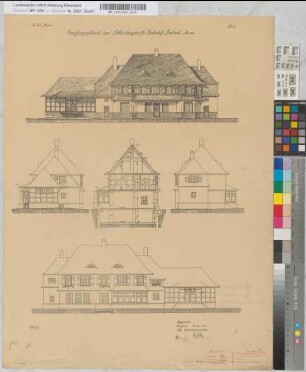 Empfangsgebäude und Güterschuppen für Bahnhof Ambrock, Blatt 4: Ansichten, Schnitt, M. 1:100 Stnr.: 44, Hge, Bunr.: 3, Blnr.: 4