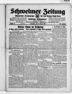 Schwelmer Zeitung : allgemeiner Kreisanzeiger für den Ennepe-Ruhr-Kreis : Schwelmer Stadtanzeiger