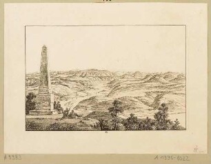 Aussicht vom Lilienstein in die Sächsische Schweiz, Blick vom Obelisken in östliche Richtung von der Hohen Liebe (im Osten) bis zu den Zschirnsteinen (im Südosten), aus Richters "70 Mahlerischen An- und Aussichten ..."