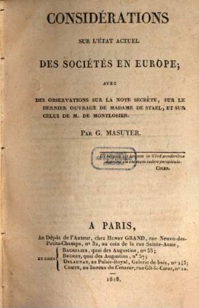 Considerations sur l'état actuel des sociétés en Europe