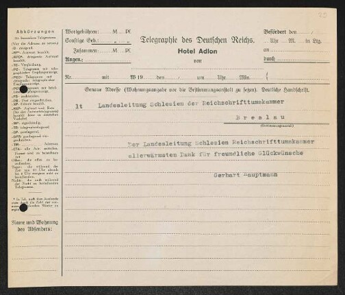 Brief von Gerhart Hauptmann an Landesleitung Schlesien Reichsschrittumskammer