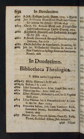632-663, I. Biblia varia. Linguarum - VI. Theologia Catechetica, Positiva, Polemica, Moralis, Casualis