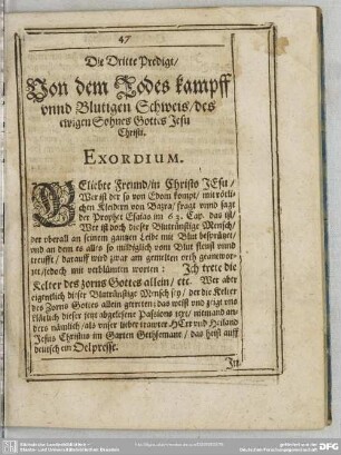 Die Dritte Predigt, Von dem Todes kampff unnd Blutigen Schweis, des ewigen Sohnes Gottes Jesu Christi