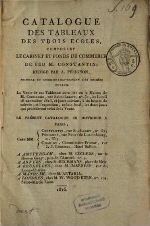 Catalogue des tableaux des trois écoles, composant le cabinet et fonds de Commerce de feu M. Constantin