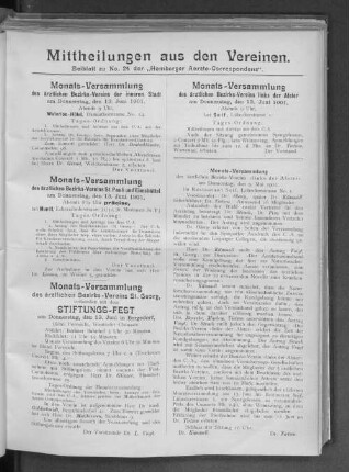 Mittheilungen aus den Vereinen. Beiblatt zu No. 24 der "Hamburger Aerzte-Correspondenz"