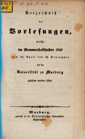 Verzeichnis der Vorlesungen. 1846. SH.