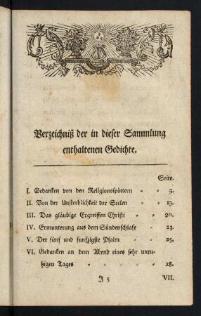 Verzeichniß der in dieser Sammlung enthaltenen Gedichte