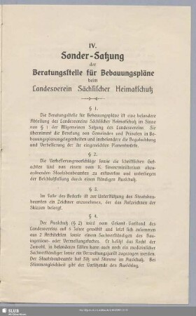 IV. Sonder-Satzung der Beratungsstelle für Bebauungspläne beim Landesverein Sächsischer Heimatschutz