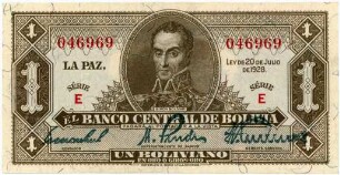 Geldschein, 1 Boliviano, 20.7.1928