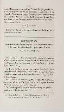 Construction des centres des circonférences tangentes à trois circonferences données et des centres des sphères tangentes à quatre sphèrcs données.