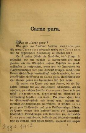 Special Catalog für den Pavillon Carne pura : Allgemeine deutsche Ausstellung auf dem Gebiete der Hygiene u. des Rettungswesens Berlin Ao. 1882 ; Collectiv-Ausstellung: Die rationelle Ernährung des Soldaten und Arbeiters