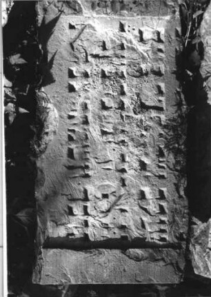 Grabstein 236 (Index: 100110524) Zustand: zwei zusammengehörige Fragmente, sehr stark verwittert mit großem Textverlust, ehemals schwarze Schrift Maße HxBxT: 45x82x11 cm Beschreibung: Schriftfeld eingetieft (Fragmente) Besonderheit: Maße des zweiten Fragmentes: 41/83/11: Grabstein 236