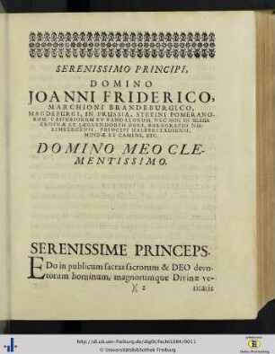 Serenissimo Principi, Domino Joanni Friderico …