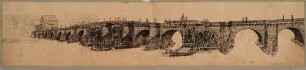 Die Elbbrücke (alte Augustusbrücke) in Dresden nach Nordosten während der Reparaturarbeiten nach dem Hochwasser im Frühjahr 1845, im Hintergrund die Häuser der Neustadt