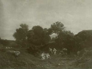 Italienische Landschaft mit tanzenden Hirten : Heinrich Dreber (1822-1875). Italienische Landschaft mit tanzenden Hirten. Leinwand, 86,5 x 89 cm. Verwalter, Gemäldegalerie Alte Meister