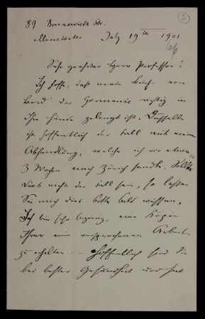 Nr. 3: Brief von Emanuel Lasker an Adolf Hurwitz, Manchester, 19.7.1901