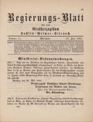 54. Ministerial-Bekanntmachung, den Wechsel in der Haupt-Agentur der Gegenseitigen Lebens-Versicherungsbank "Patria" in Wien betreffend