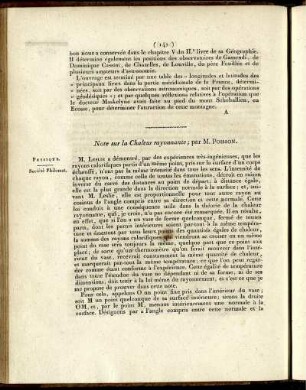 Note sur la Chaleur rayonnante